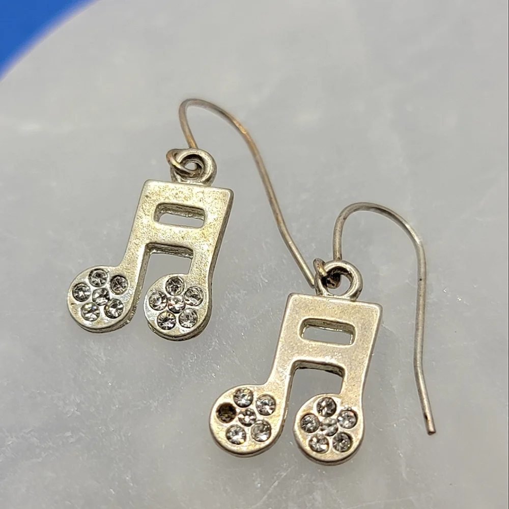 FREE with bundle Musical Note Drop Earrings Silver Tone Rhinestone Dangle Flawed